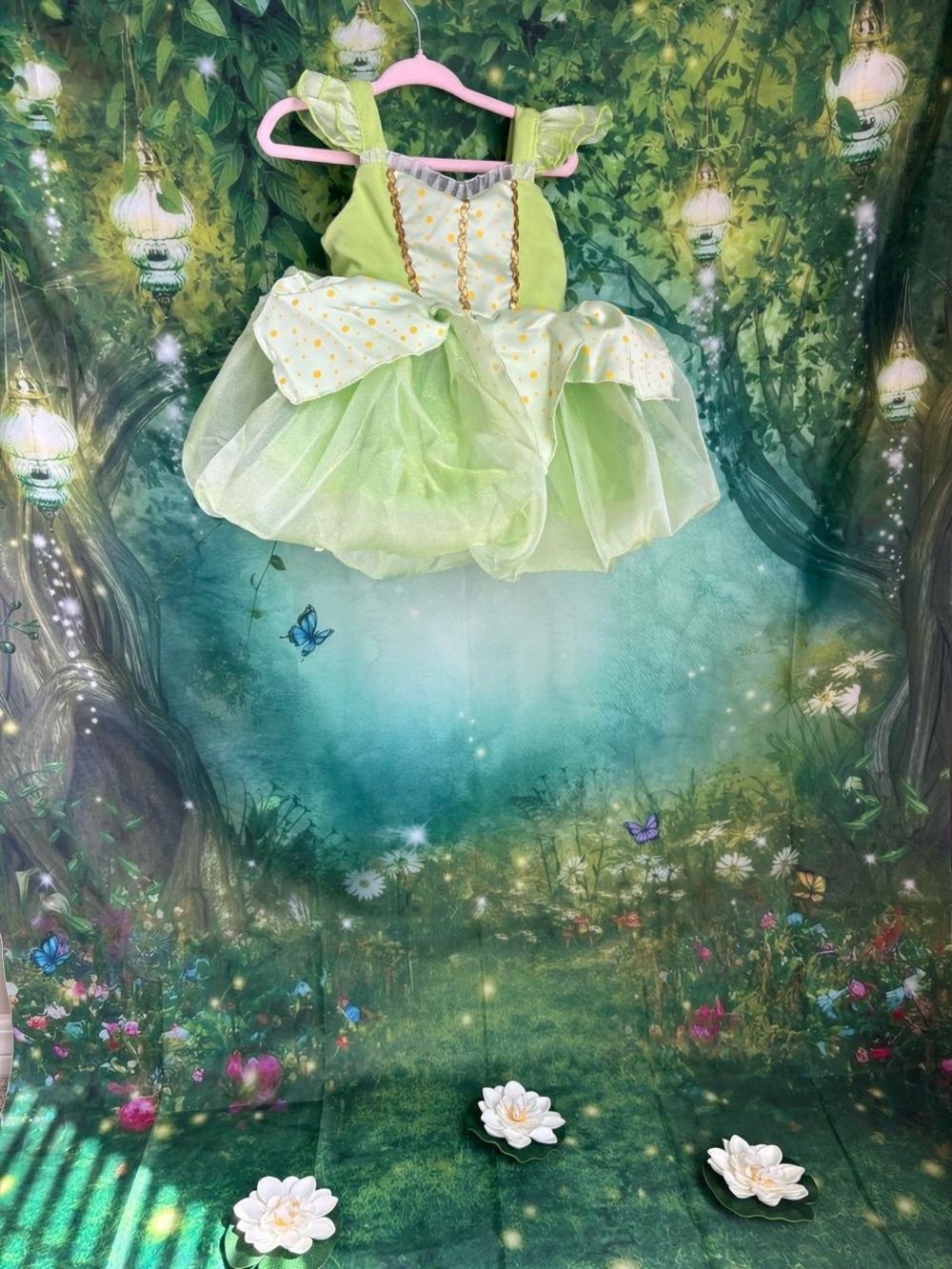 Green & yellow polka dot fairy dress with gold trim or princess Tiana dress. 6-9